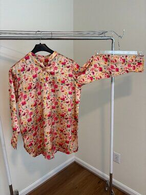 Beige Shamoz silk short shirt/ tunic with floral design